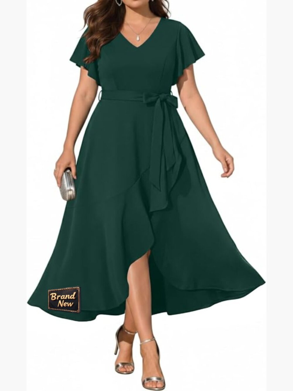 Plus Size Formal Maxi Dress V-Neck Ruffle Sleeve Empire Waist Wedding Guest